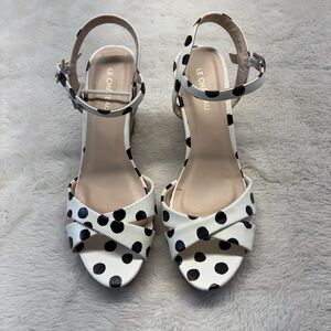 Le Château Polka Dot Platform Block Heel Sandals - White/Black Size 8